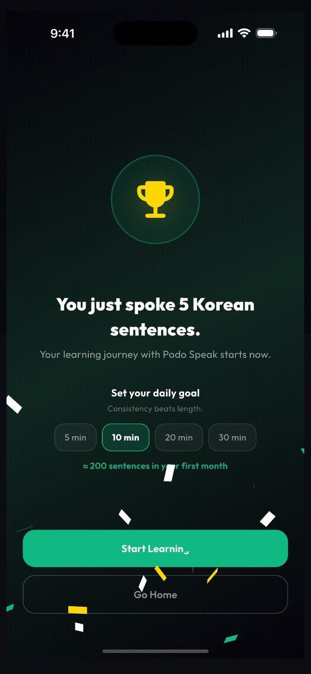 Session complete screen reading: You just spoke 5 Korean sentences