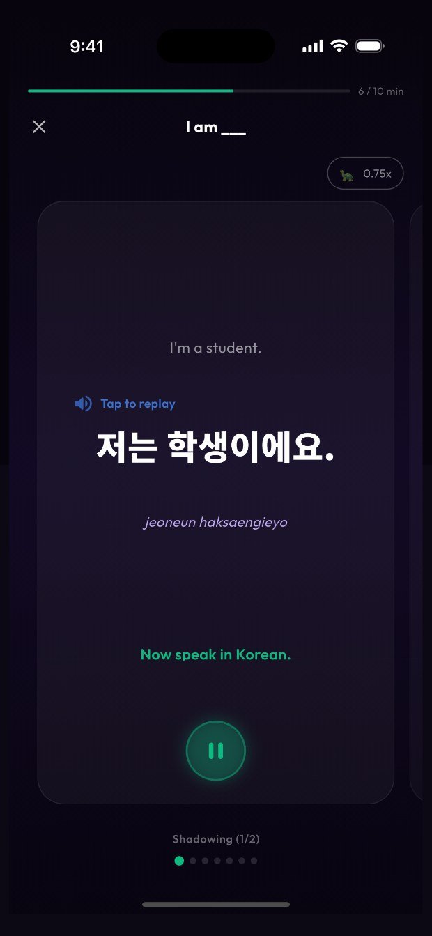 Podo Speak playing a Korean sentence and prompting the learner to speak