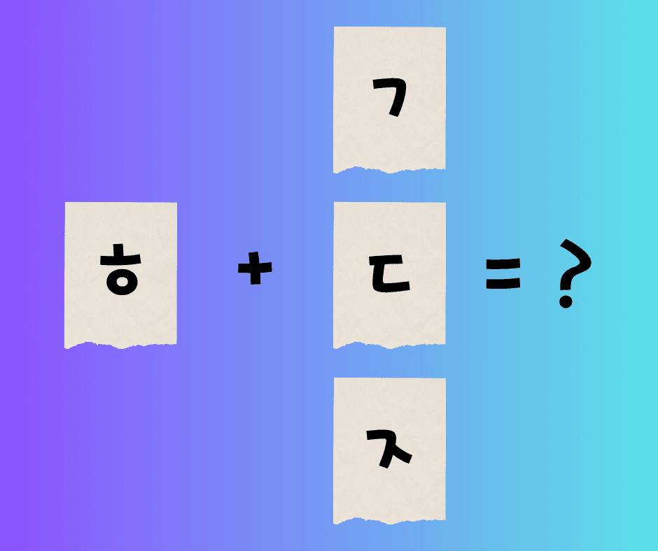 A Korean Pronunciation Rules showing torn paper pieces with the Hangul letters ㅎ, ㄱ, ㄷ, and ㅈ arranged in a cross shape, with a plus sign and an equals sign asking what they make.