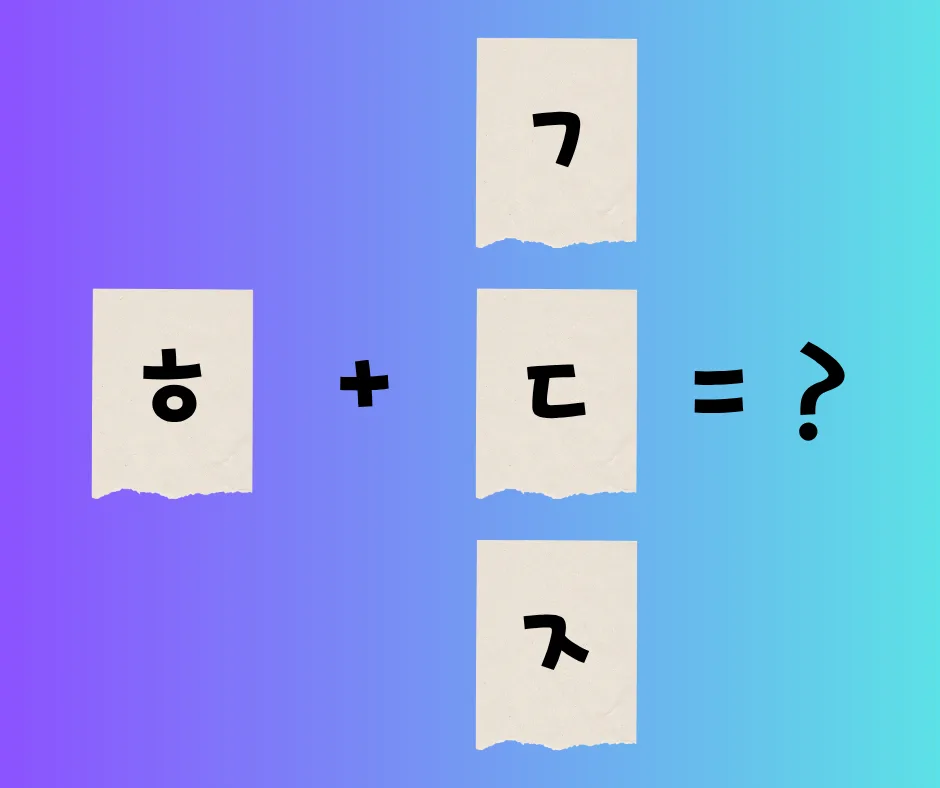 Learning Korean Pronunciation A Korean Pronunciation Rules showing torn paper pieces with the Hangul letters ㅎ, ㄱ, ㄷ, and ㅈ arranged in a cross shape, with a plus sign and an equals sign asking what they make.