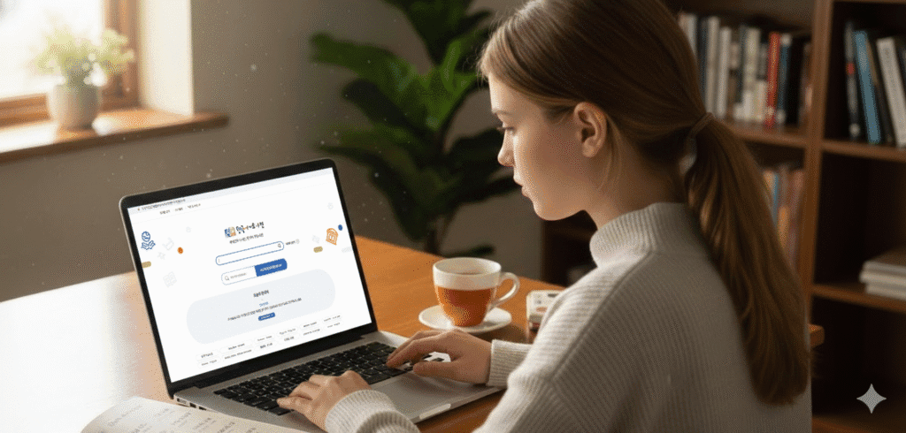 A Korean learner using the Korean Dictionary for Learners on their laptop.