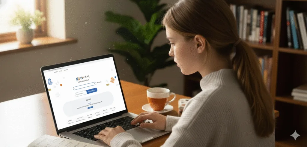 A Korean learner using the Korean Dictionary for Learners on their laptop.