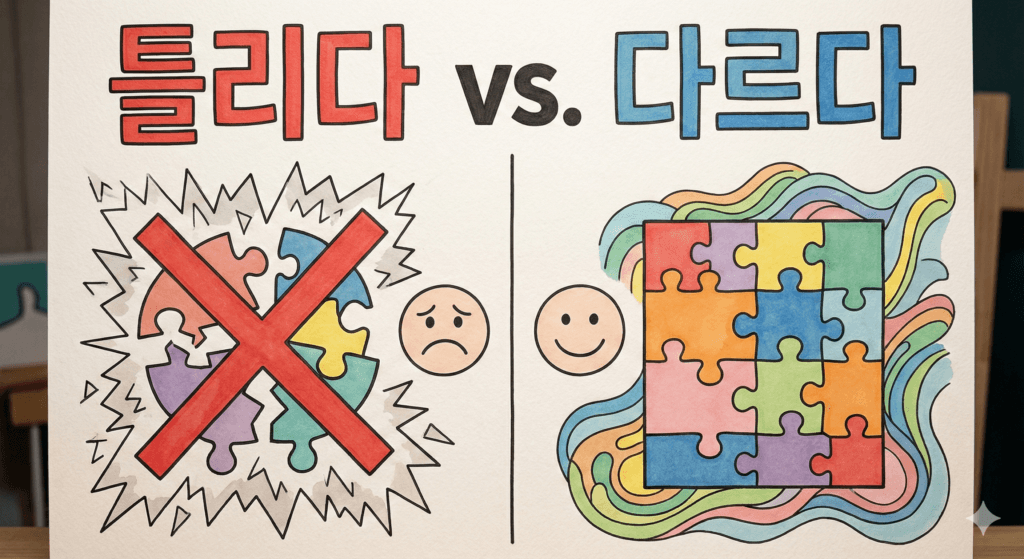 A visual representation of Wrong vs Different in Korean, showing a red X mark and a blue sign with two diverging arrows, symbolizing incorrectness versus difference.
