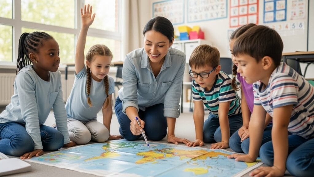 A visual guide differentiating between Teach (가르치다) and Point (가리키다) in Korean.