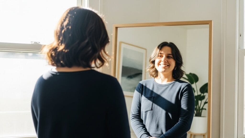 A man smiles at himself in the mirror representing the beauty of the word areumdapda.