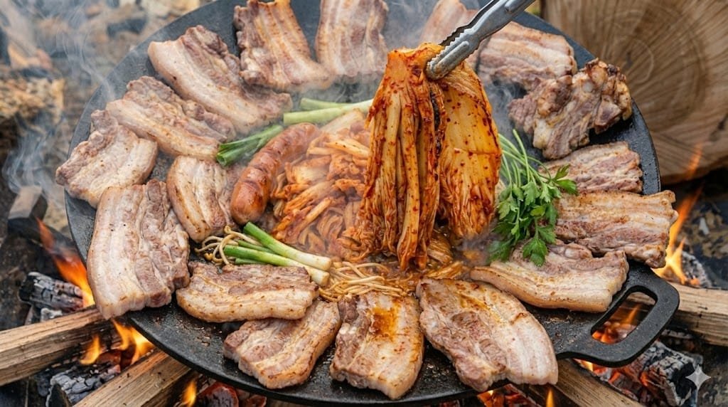 Grilling pork belly and aged kimchi on a cauldron lid.
