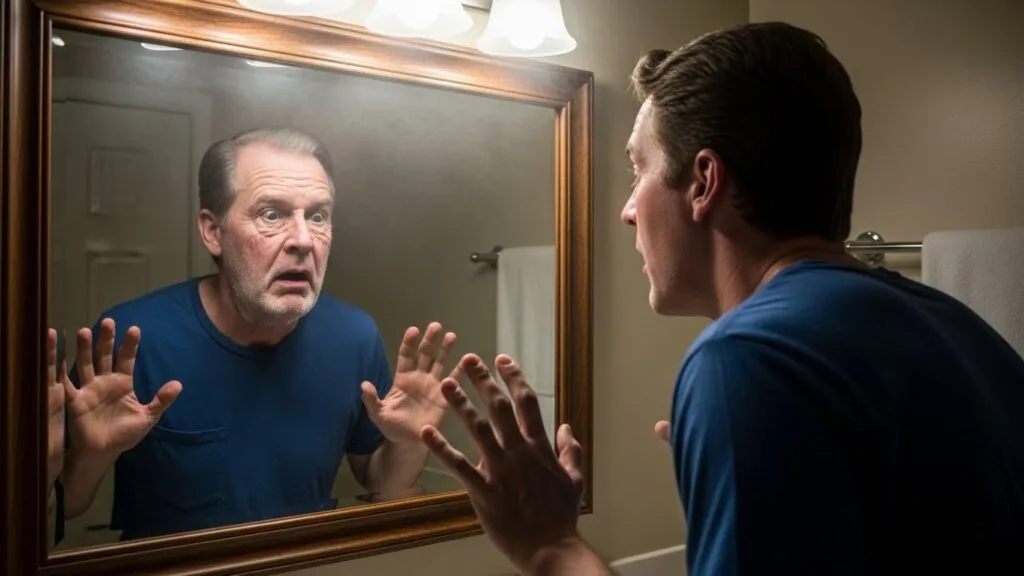 A man is surprised to see an older version of himself reflected in the mirror, showing how you can suddenly seem older in Korea because of the Korean age system.