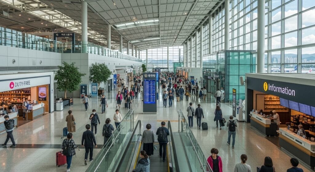 An airport scene with many travelers.