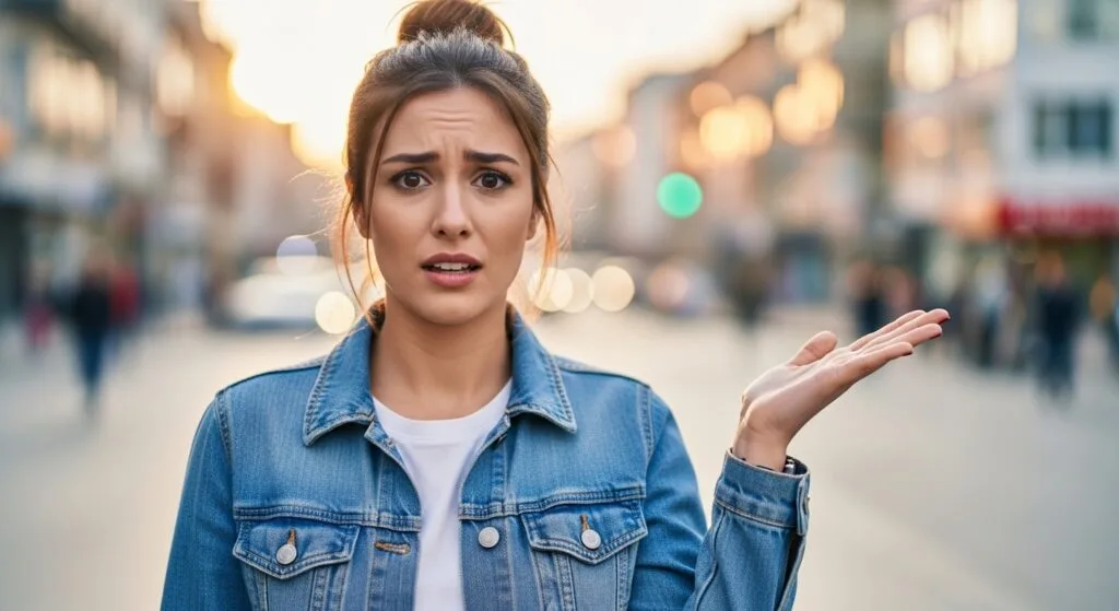 A confused young woman standing on a city street at sunset raises her hand in a questioning gesture, as if saying, “I don't understand in Korean,” with a puzzled expression on her face.