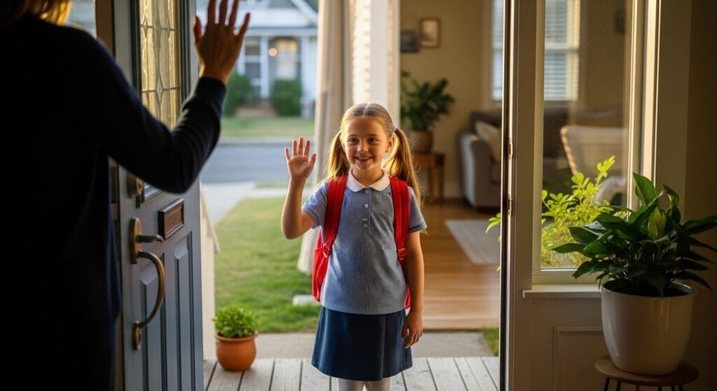 An elementary school girl is saying goodbye to her mom as she heads to school.