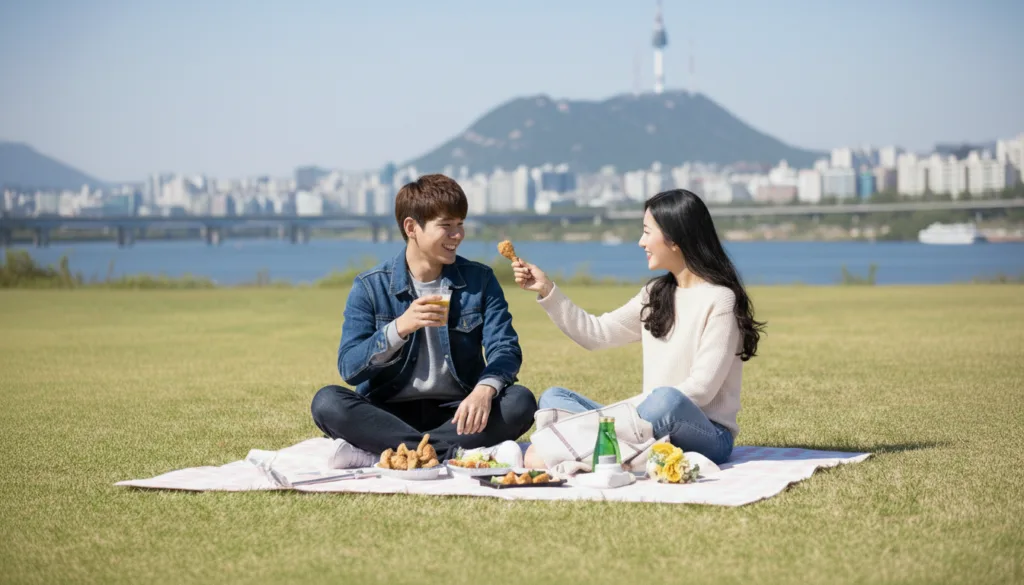 A man and a woman are sitting on a picnic mat in a park by the Han River, eating chicken and drinking beer with Seoul Tower in the background.
