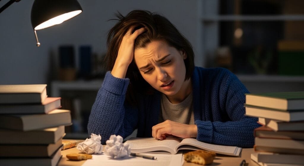 A person looking frustrated while studying Korean