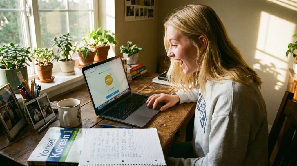 A young female student with blonde hair sitting at a cozy wooden desk, happily studying Korean with AI Mnemonic.