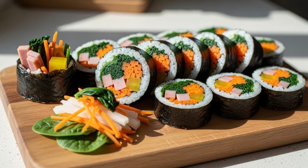 A photorealistic photo of a beautifully plated traditional Korean Gimbap on a wooden cutting board, with fresh, colorful ingredients like bright green spinach, orange carrots, yellow pickled radish, and ham clearly visible inside the rolls. Soft, natural sunlight streams across the kitchen counter.