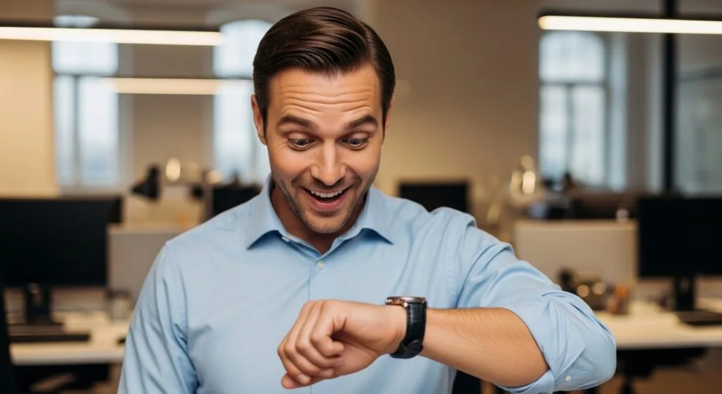 an office worker looking at their wristwatch with an expression of pleasant surprise and wide eyes, realizing it is already time to go home.