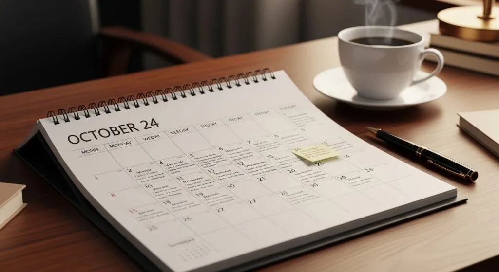 A calendar with a cup of tea.