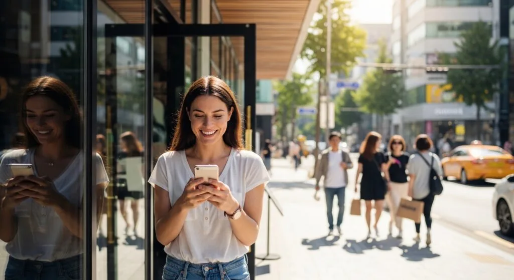 A smiling american using a smartphone to make a reservation(예약하다) for the restaurant, standing in front of a bustling, modern cafe in Seoul during a bright and sunny day.