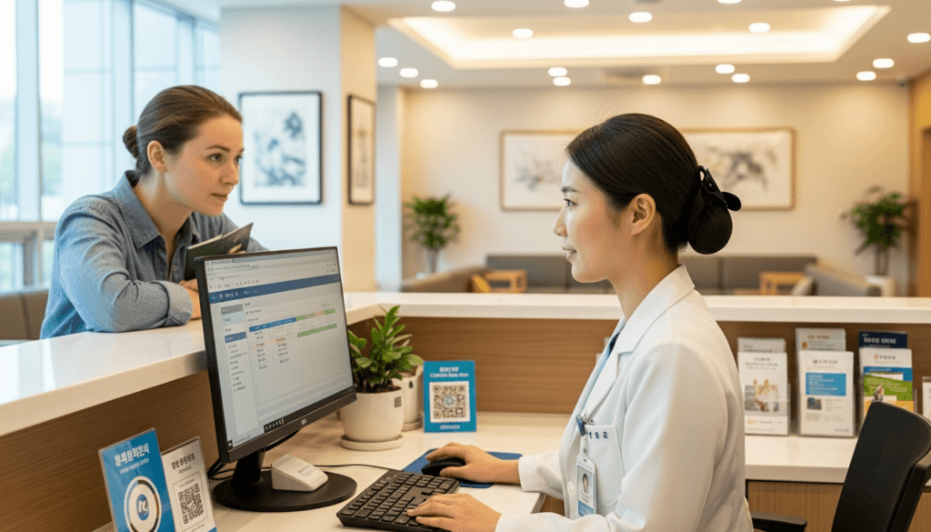Korean hospital reception desk, where a friendly nurse in uniform is looking at a computer monitor while helping a foreign patient schedule an appointment