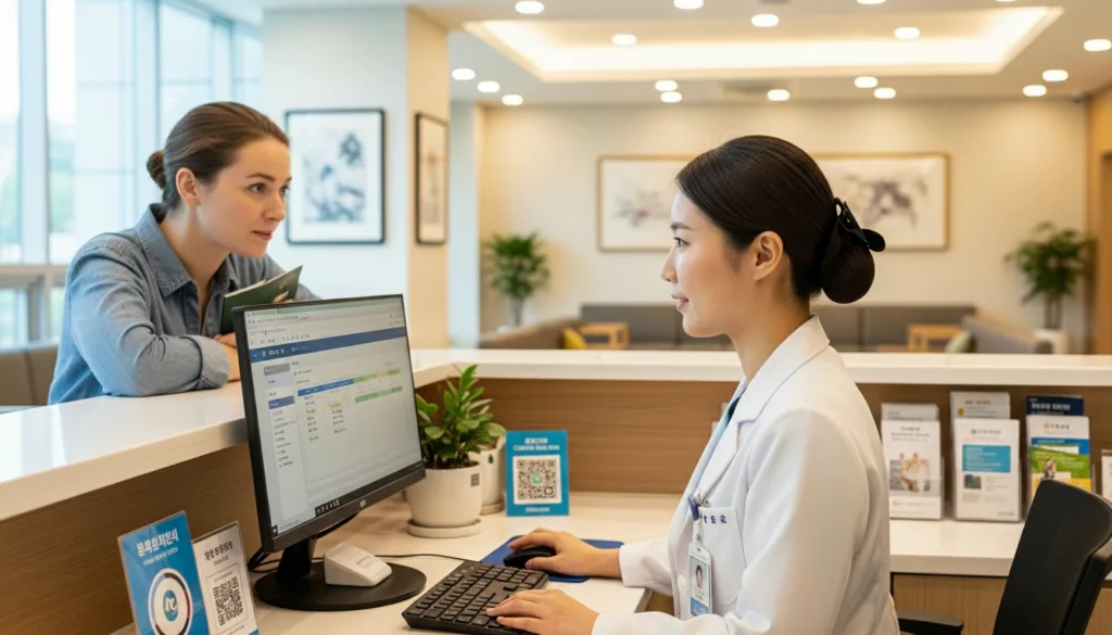 Korean hospital reception desk, where a friendly nurse in uniform is looking at a computer monitor while helping a foreign patient schedule an appointment
