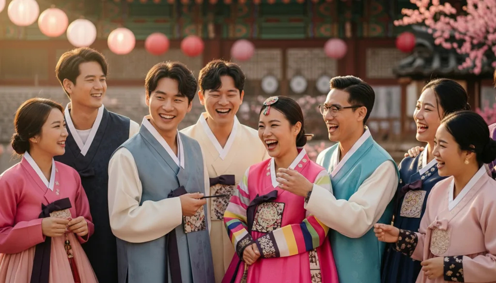 a diverse group of people celebrating a Korean traditional New Year festival, creatively blending elements of Korean Hanbok, smiling happily.