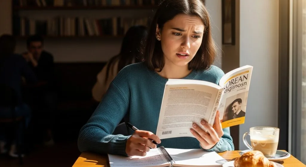 a young international student studying Korean at a cozy, sunlit cafe. The student is looking slightly confused but intrigued while comparing a physical Korean-English dictionary: 이미 vs 벌써